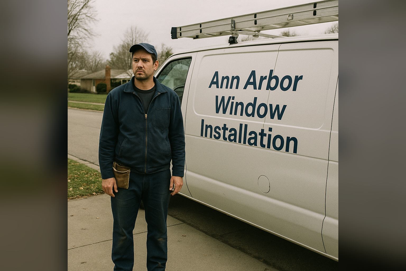 Licensed window installation professional in Ann Arbor, MI — local contractor with worn work clothes beside a service van